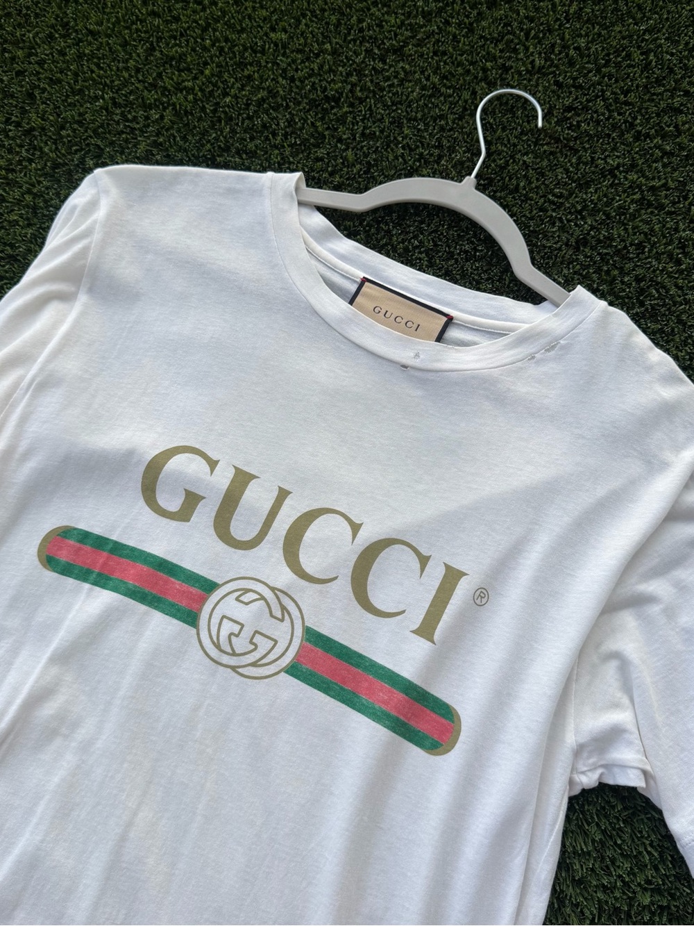 Gucci White Tee with Gold Logo and Green-Red Stripe